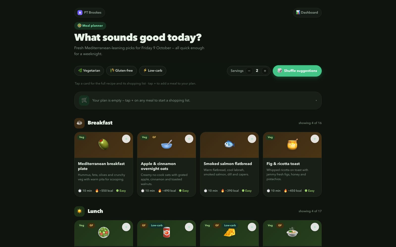 PT Brookes meal planner on a dark interface: recipe cards with calories and dietary tags, filter chips and a serving selector